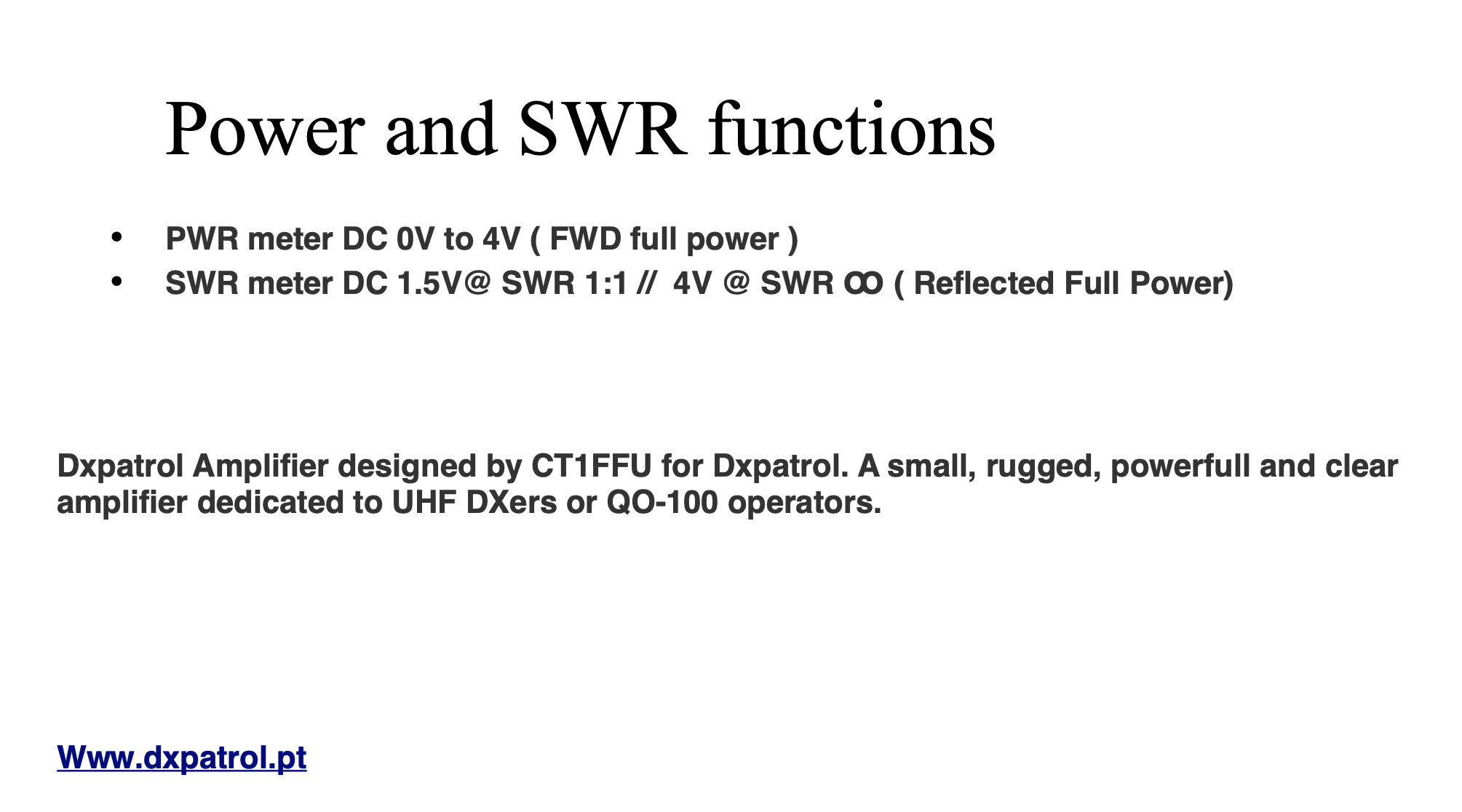 DXPatrol 2.4Ghz Amplifier Manual Page for SWR/FWD-PWR voltages