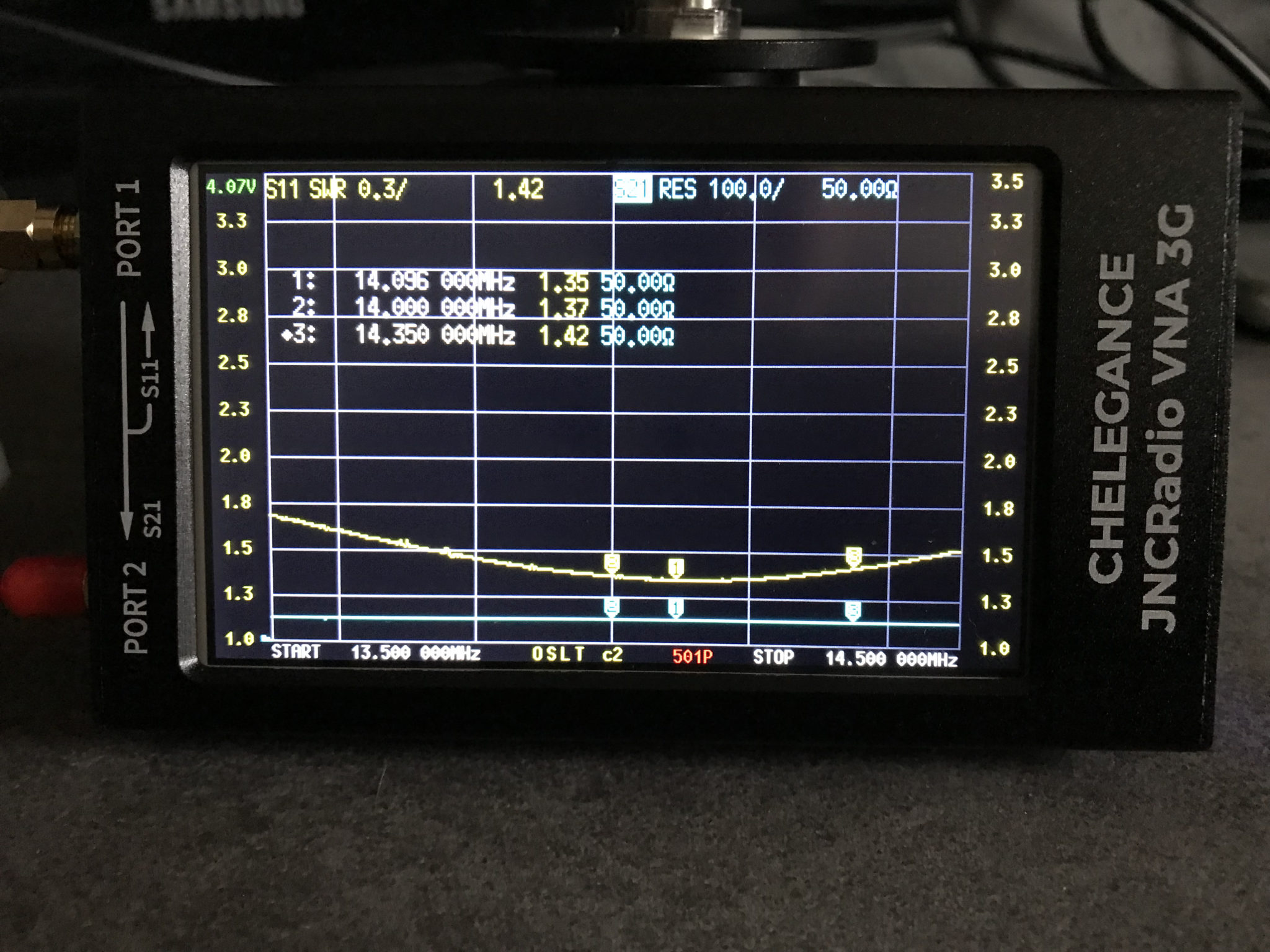 M0AWS 20m Band EFHW Vertical Antenna 13.5MHz - 14.5Mhz SWR Curve