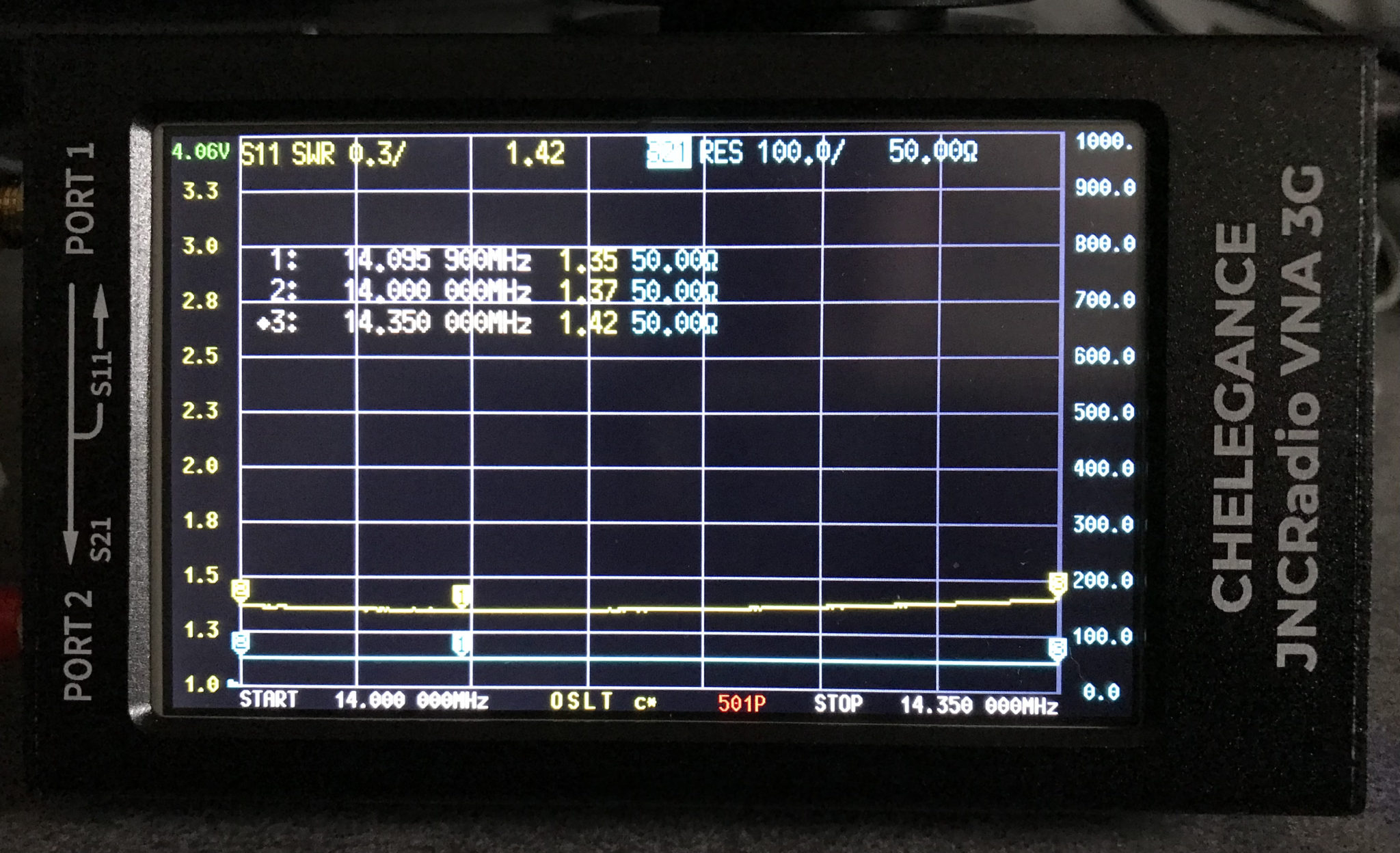 M0AWS 20m Band EFHW Vertical Antenna SWR curve 14Mhz - 14.350MHz