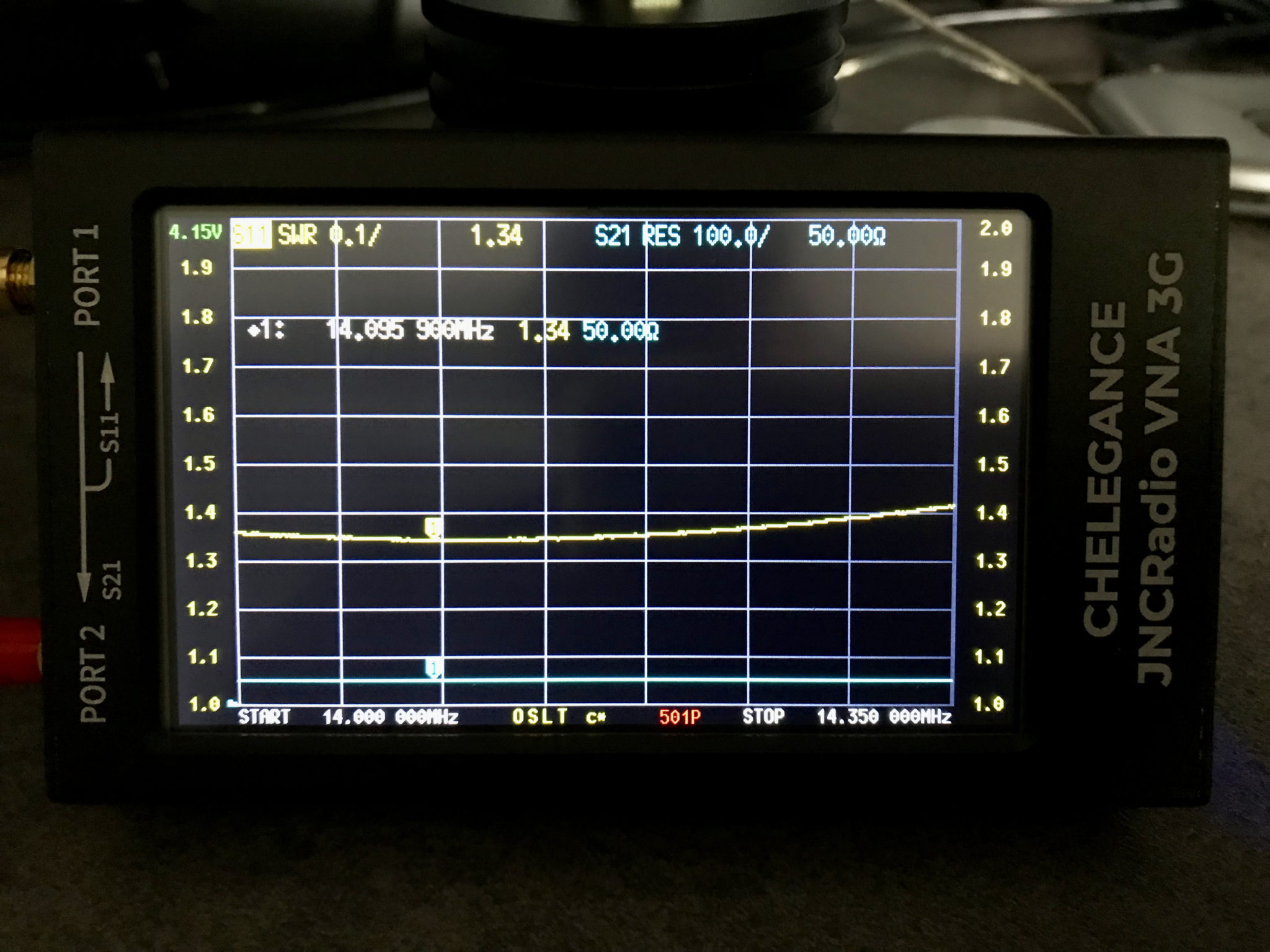 JNCRadio VNA3G showing 20m Band EFHW Resonance 14Mhz to 14.35Mhz Sweep