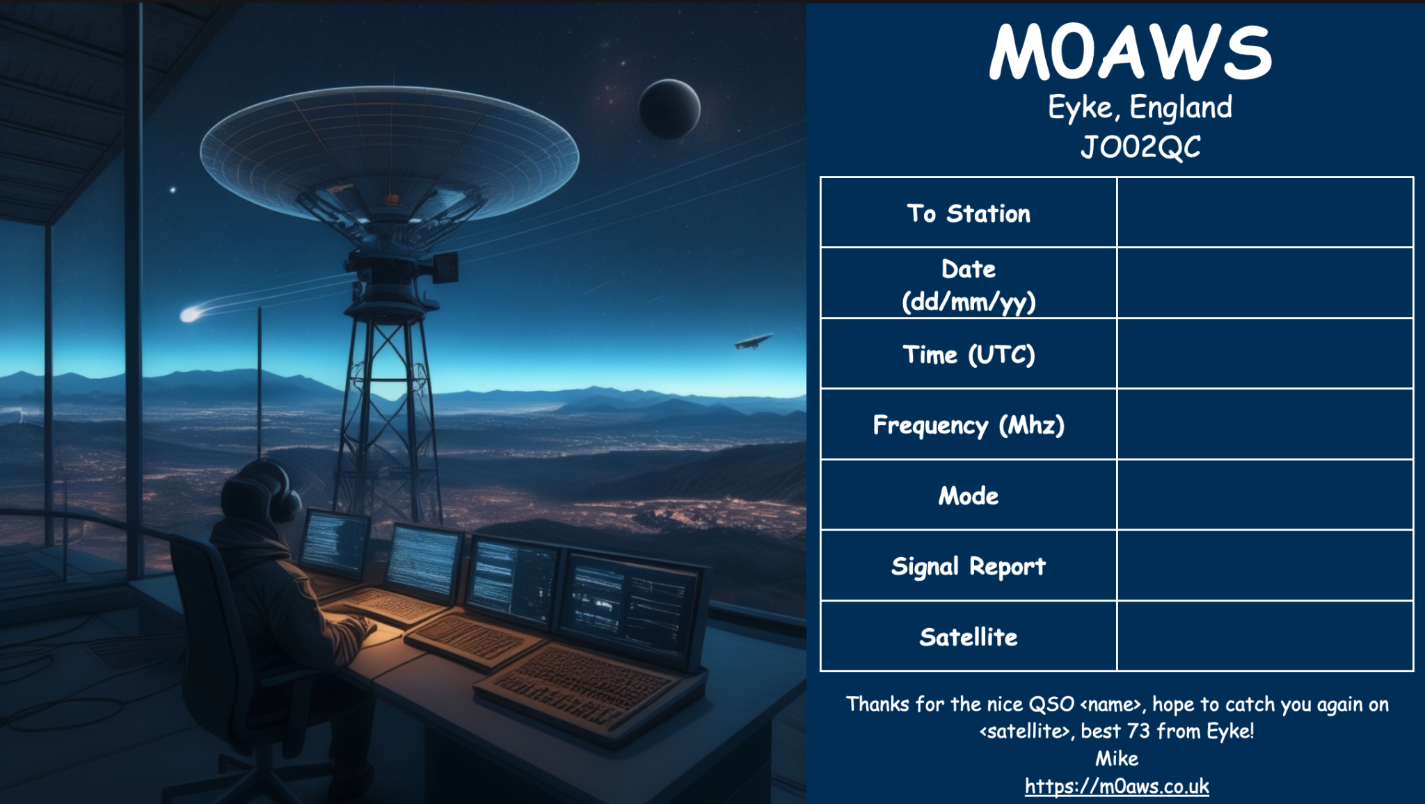 M0AWS Satellite QSL Card generated using online AI
