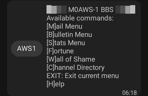 M0AWS Meshtastic BBS Main Menu accessible on M0AWS-1 node.