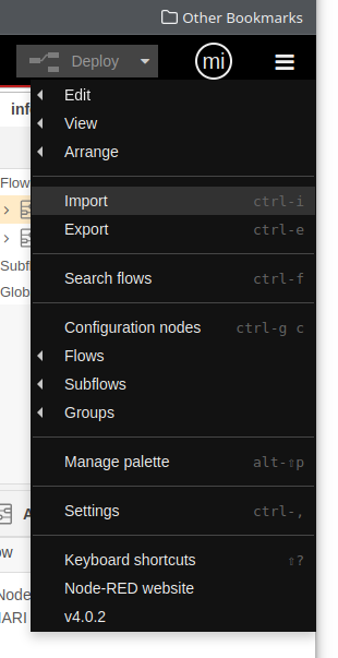 Node-RED Flow Editor import Menu Item