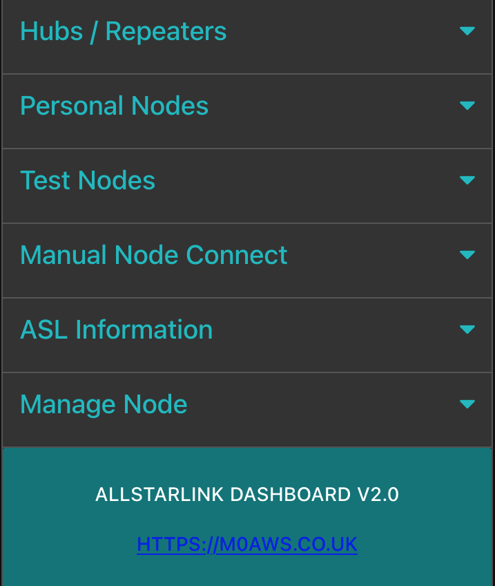 M0AWS AllStarLink Control Dashboard Menu View