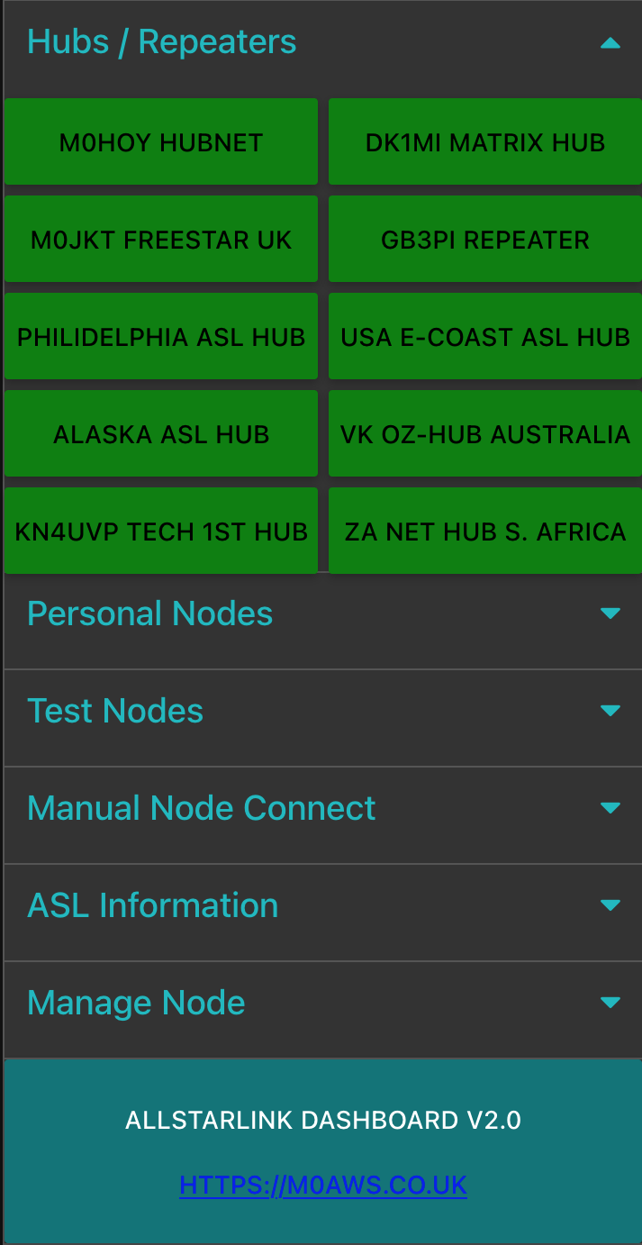 M0AWS AllStarLink Control Dashboard Hubs/Repeaters View