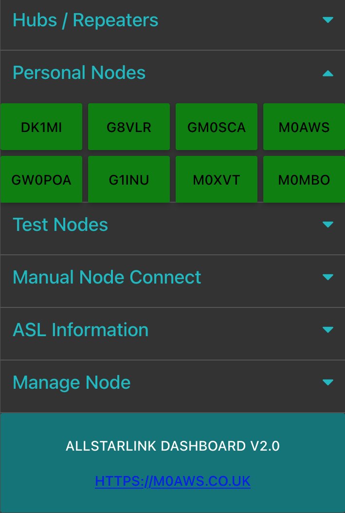M0AWS AllStarLink Control Dashboard Personal Nodes View