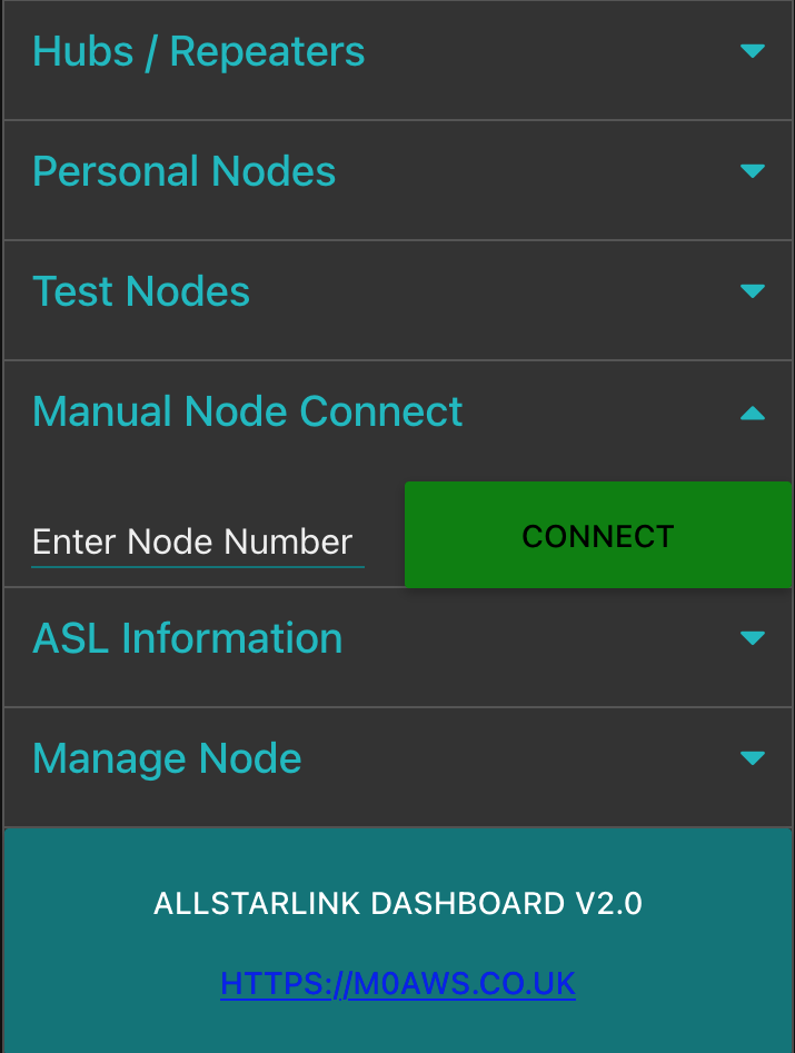M0AWS AllStarLink Control Dashboard Manual Node Connect View