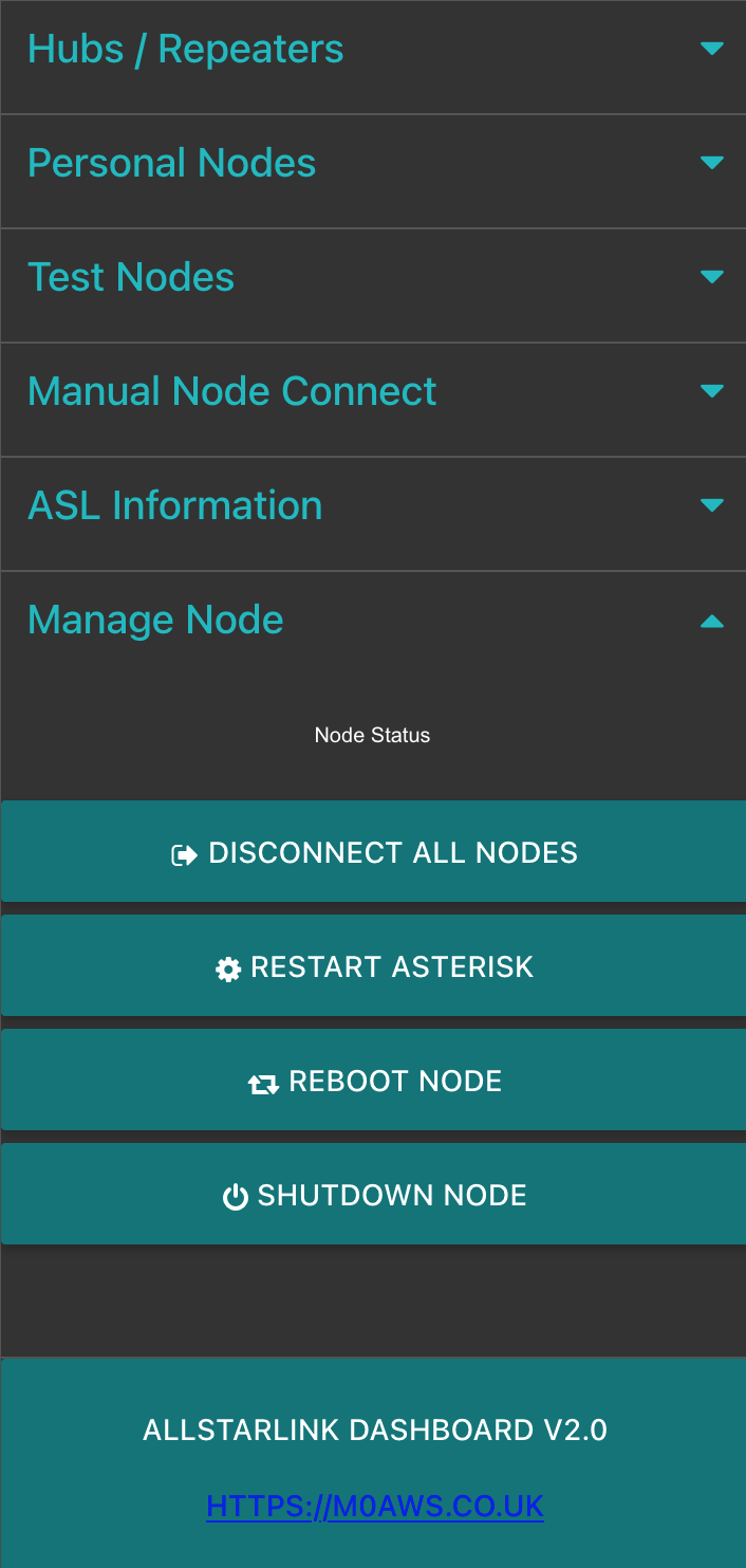 M0AWS AllStarLink Control Dashboard Manage Node View
