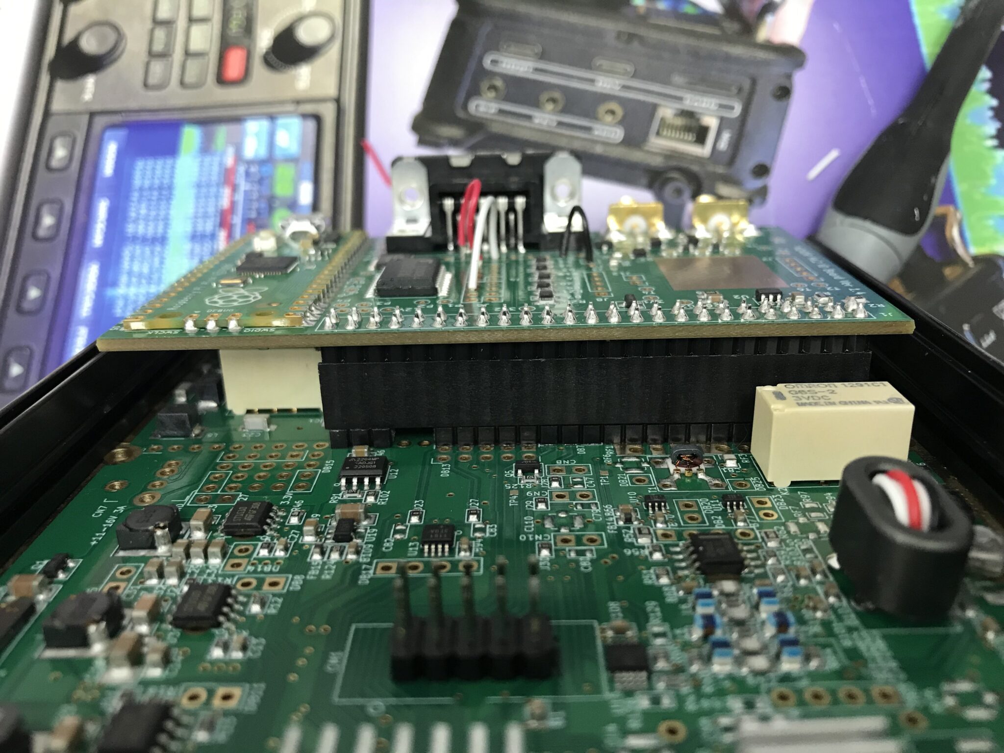 Close up of the HL2 I/O board fitted to the main HL2 board and N2ADR Filter board