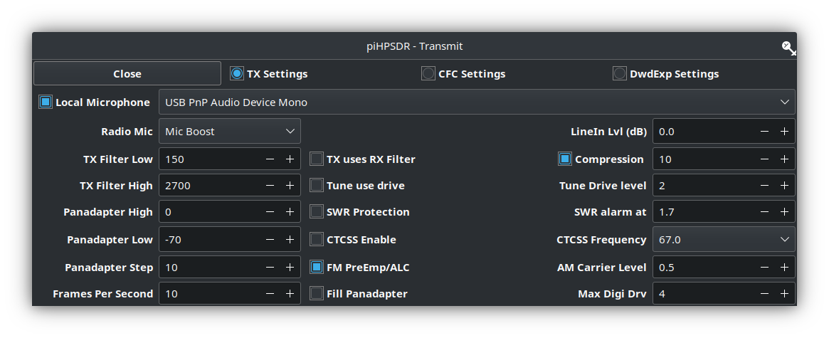 M0AWS Transmit filter settings
