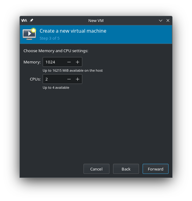 Virtual Machine Manager - Configure RAM and CPU