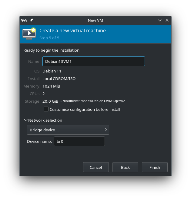 Virtual Machine Manager - Name VM and select bridge interface