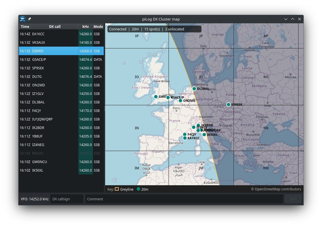 piLog DX Spots Map with fast QSY via a simple click